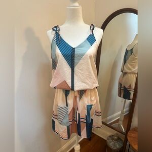 Pink and blue lightweight tie shoulder summer dress elastic waist pockets L